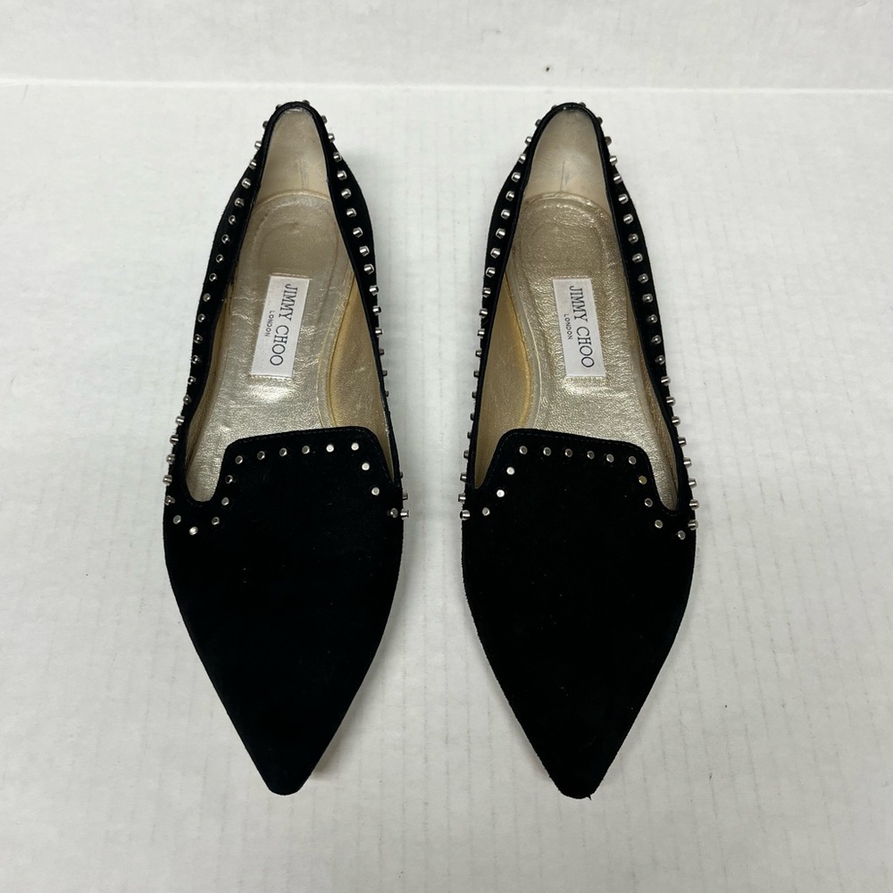 Jimmy Choo Black Suede Studded Pointed Toe Flats 41.5 designer work everyday
